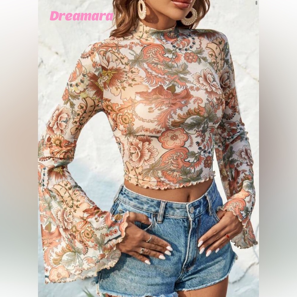 SHEIN - Sheer Floral Long Sleeve Crop Top M